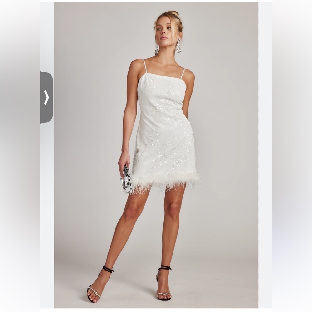 12th Tribe Priscilla White Sequin mini Dress with feather trim medium